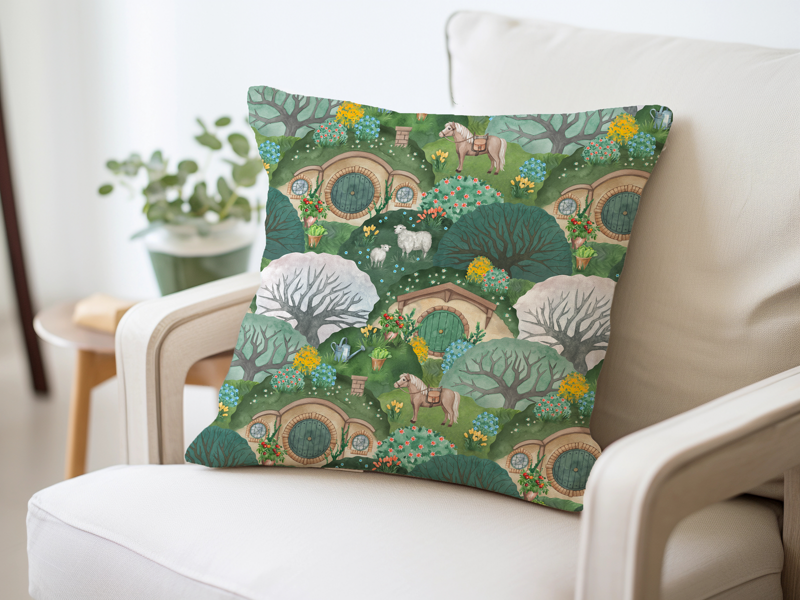 Loopillo™ — The Shire In Bloom throw pillow on a white chair