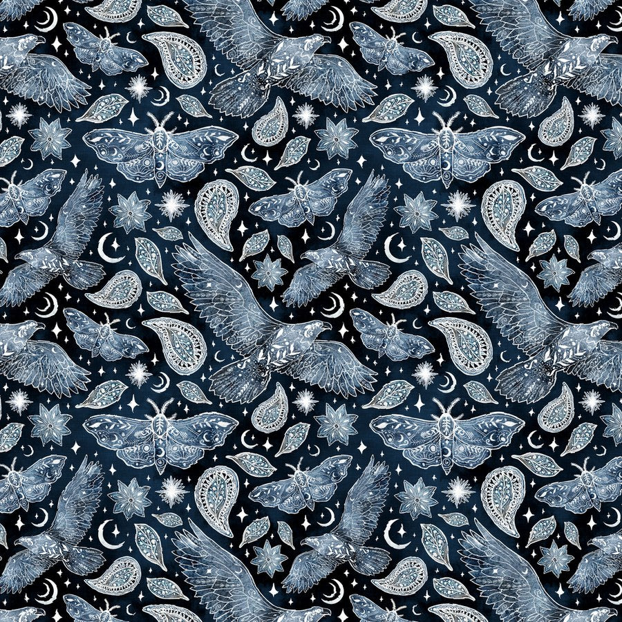 The Lord of the Rings Great Eagles print swatch — eagles, moths, and paisleys on midnight navy