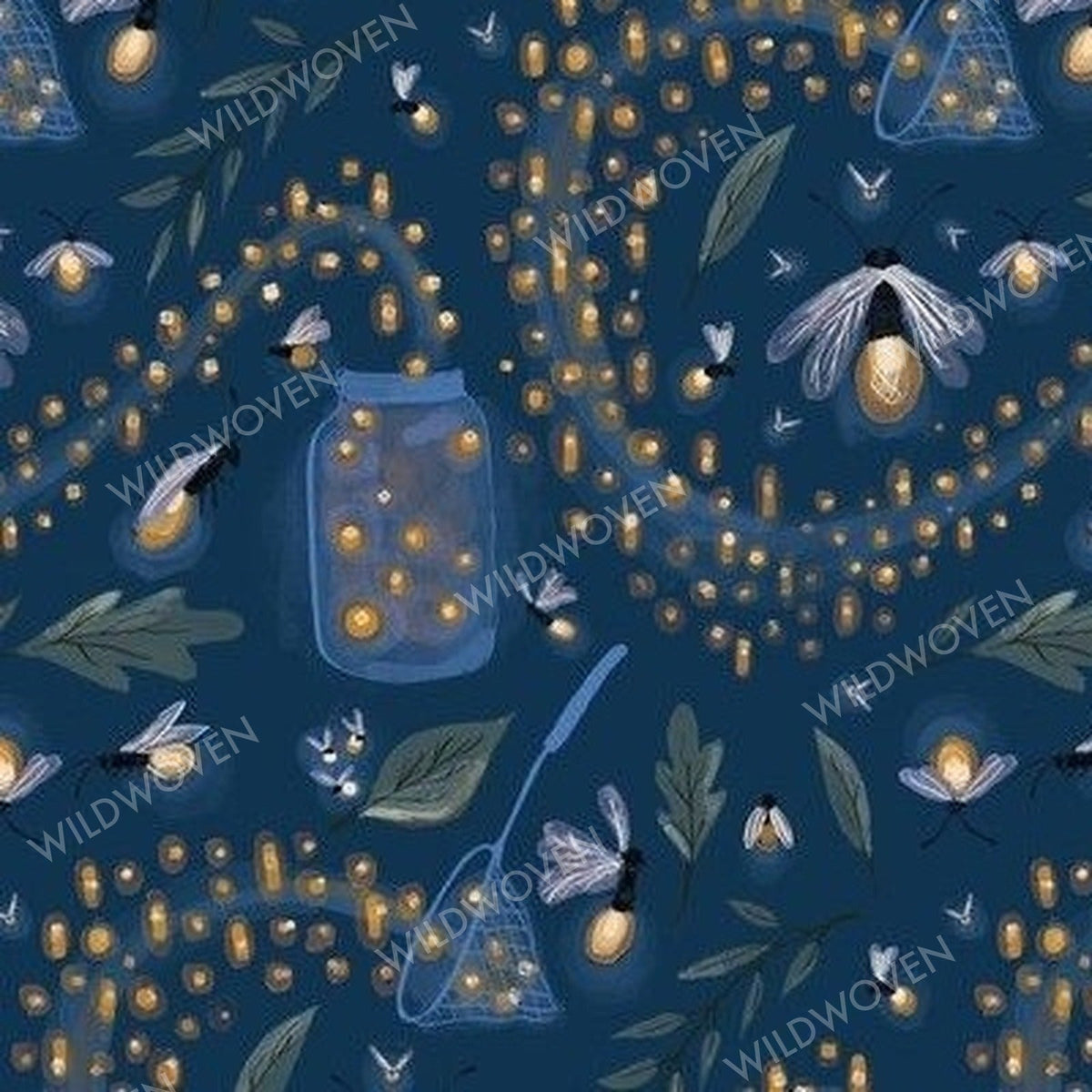 Lightning Catcher print swatch: fireflies, mason jars and butterfly nets on navy
