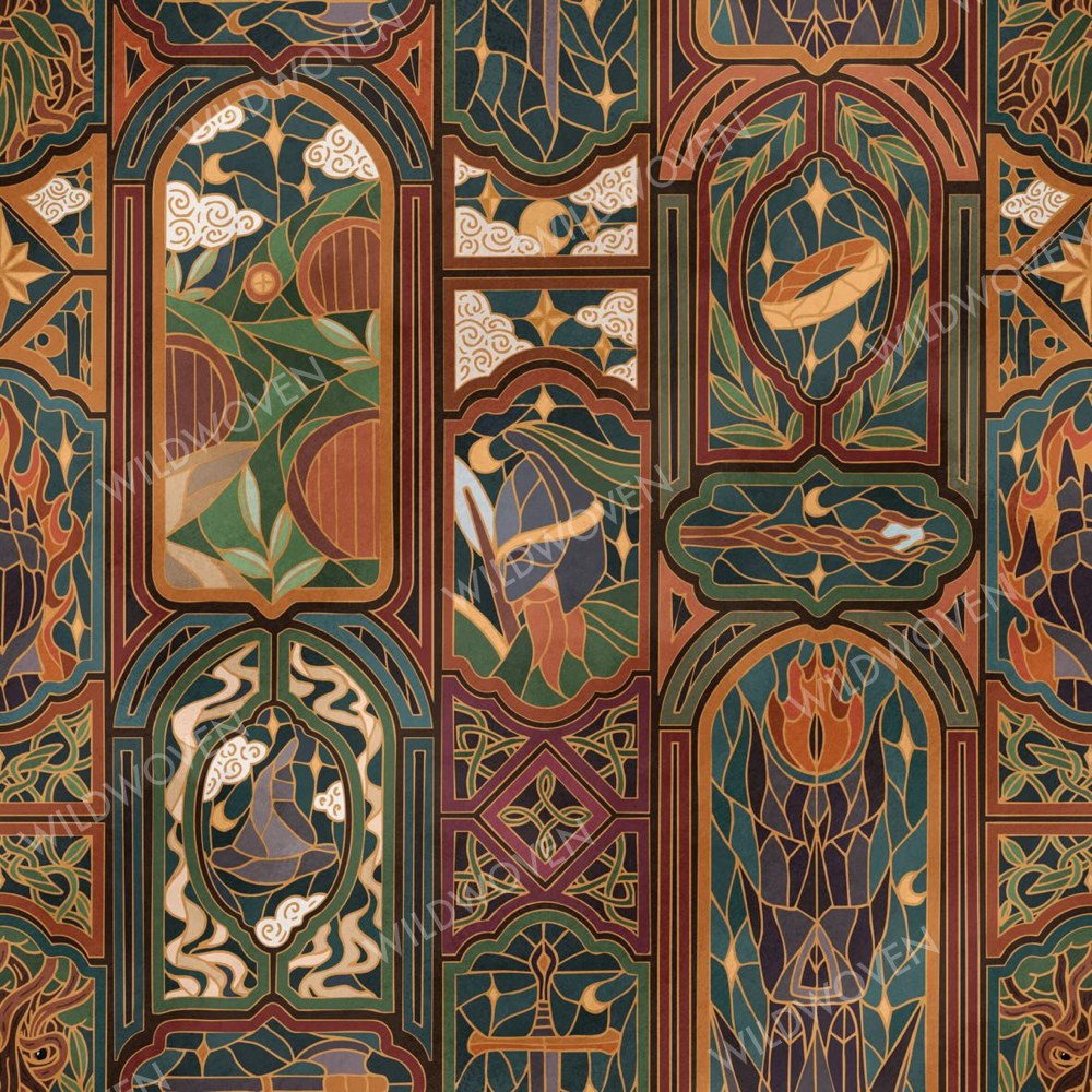 The Lord of the Rings™ Stained Glass print swatch — jewel-toned cathedral glass panels in green, teal, rust and gold