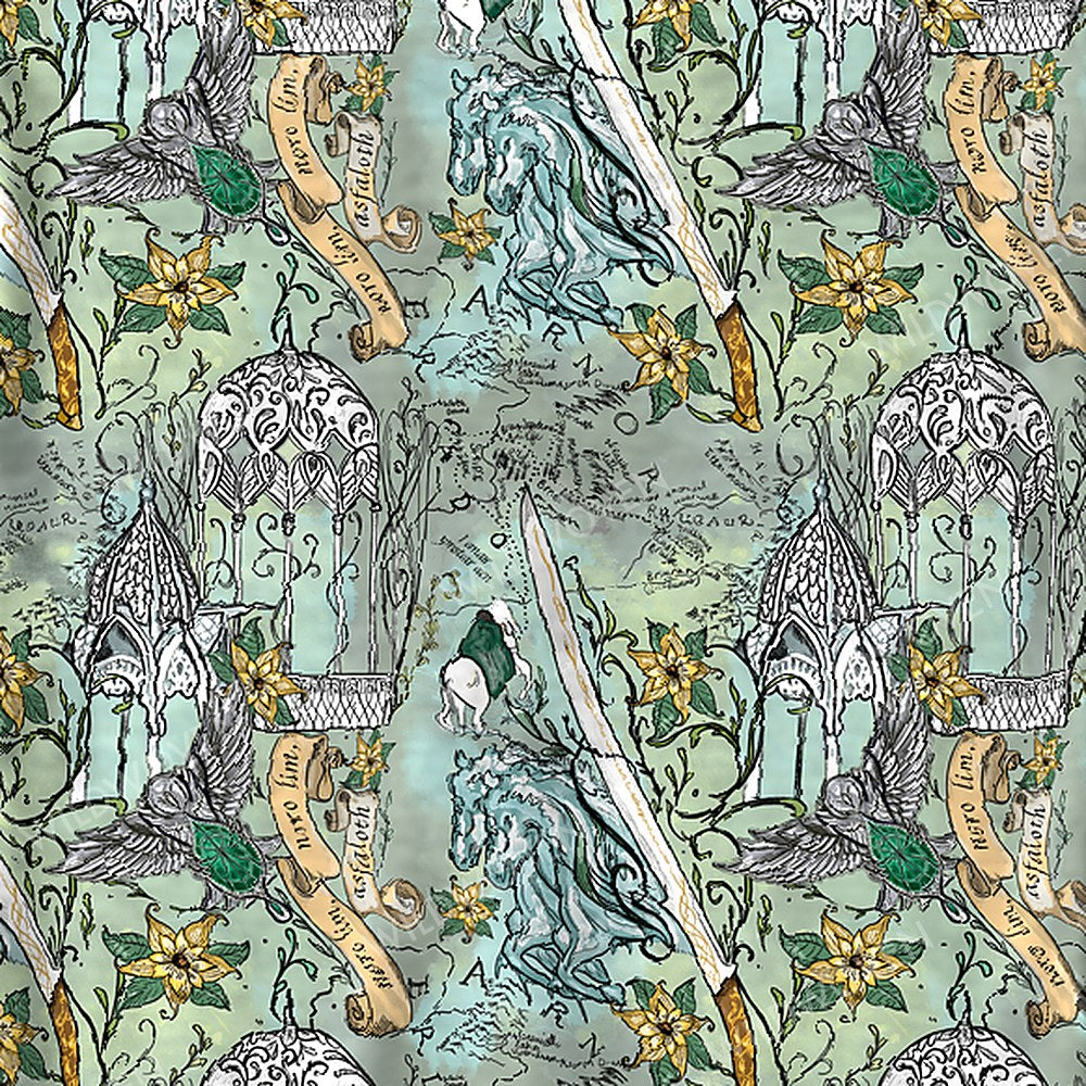 The Lord of the Rings™ Map of Rivendell™ print swatch — hand-drawn elven map in sage green