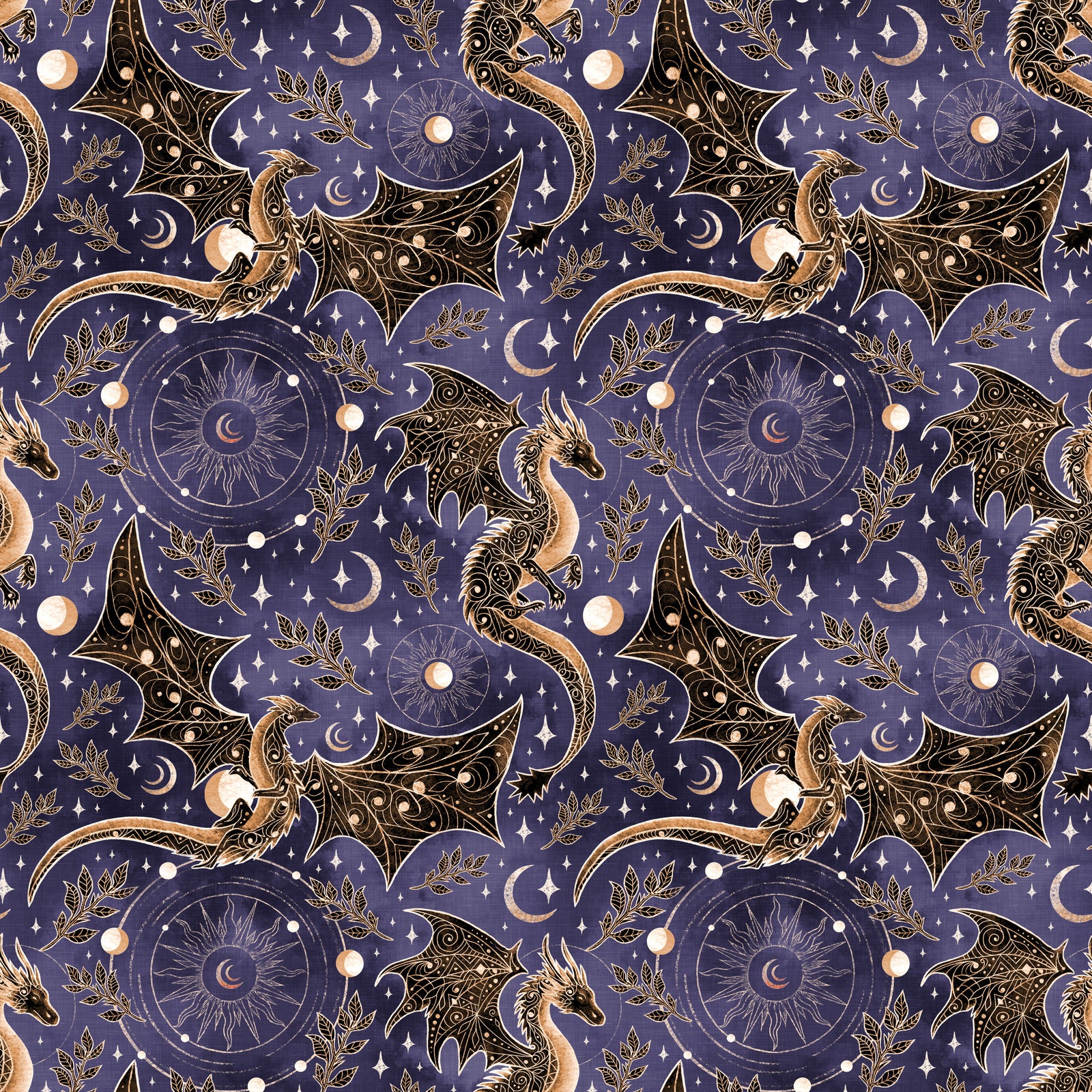 Violent Skies print — moonlit dragons and golden crescents on deep violet