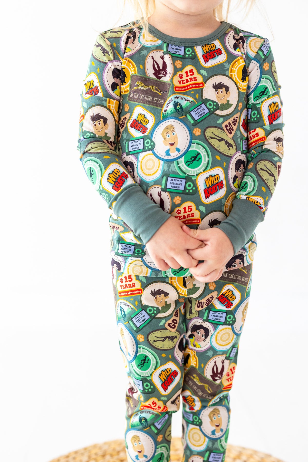 Close-up of the Wild Kratts® Badges pattern showing character badges and 15th anniversary patches on sage green fabric