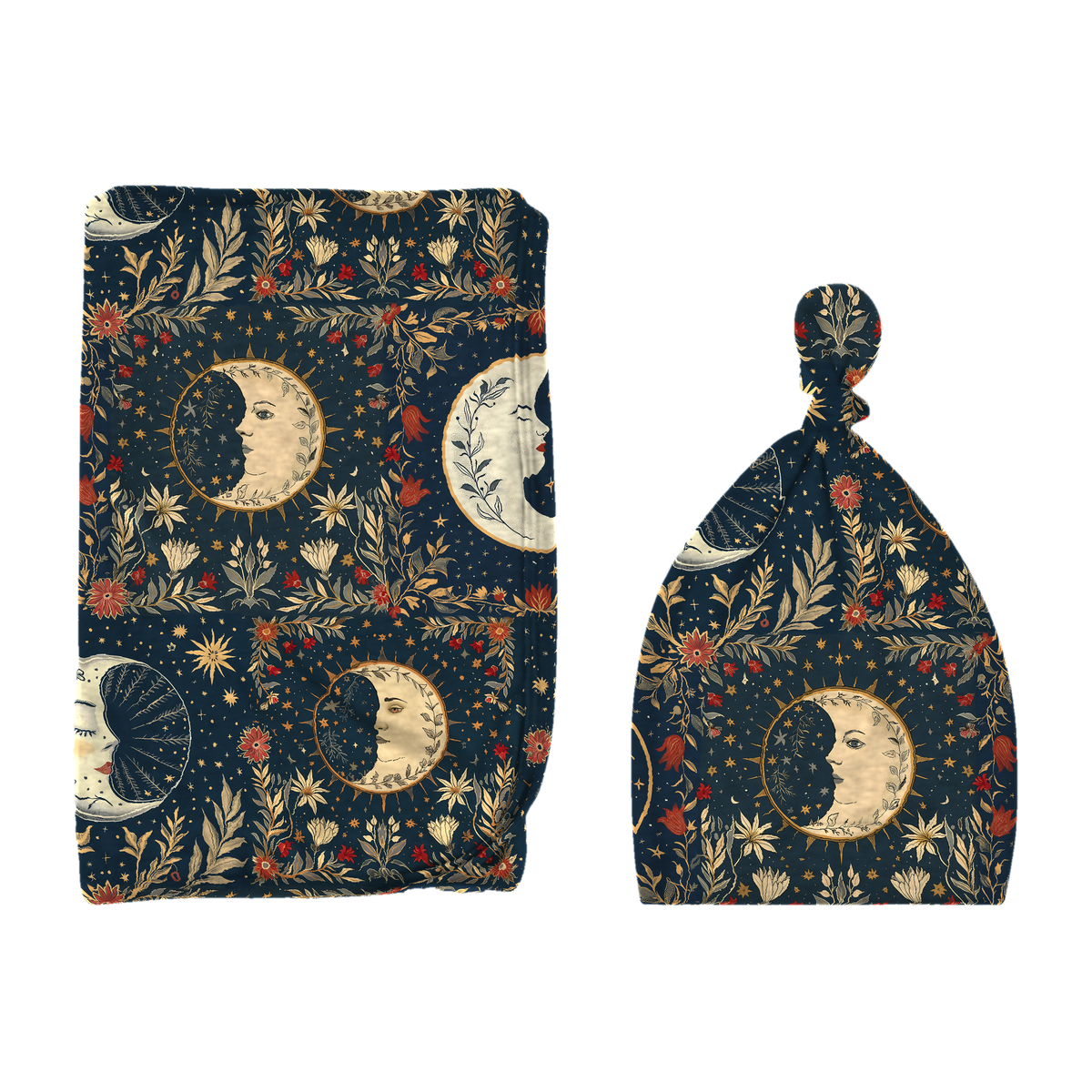 Boho Moons swaddle with matching knotted hat