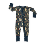 Boho Moons zip romper with navy cuffs and neckband