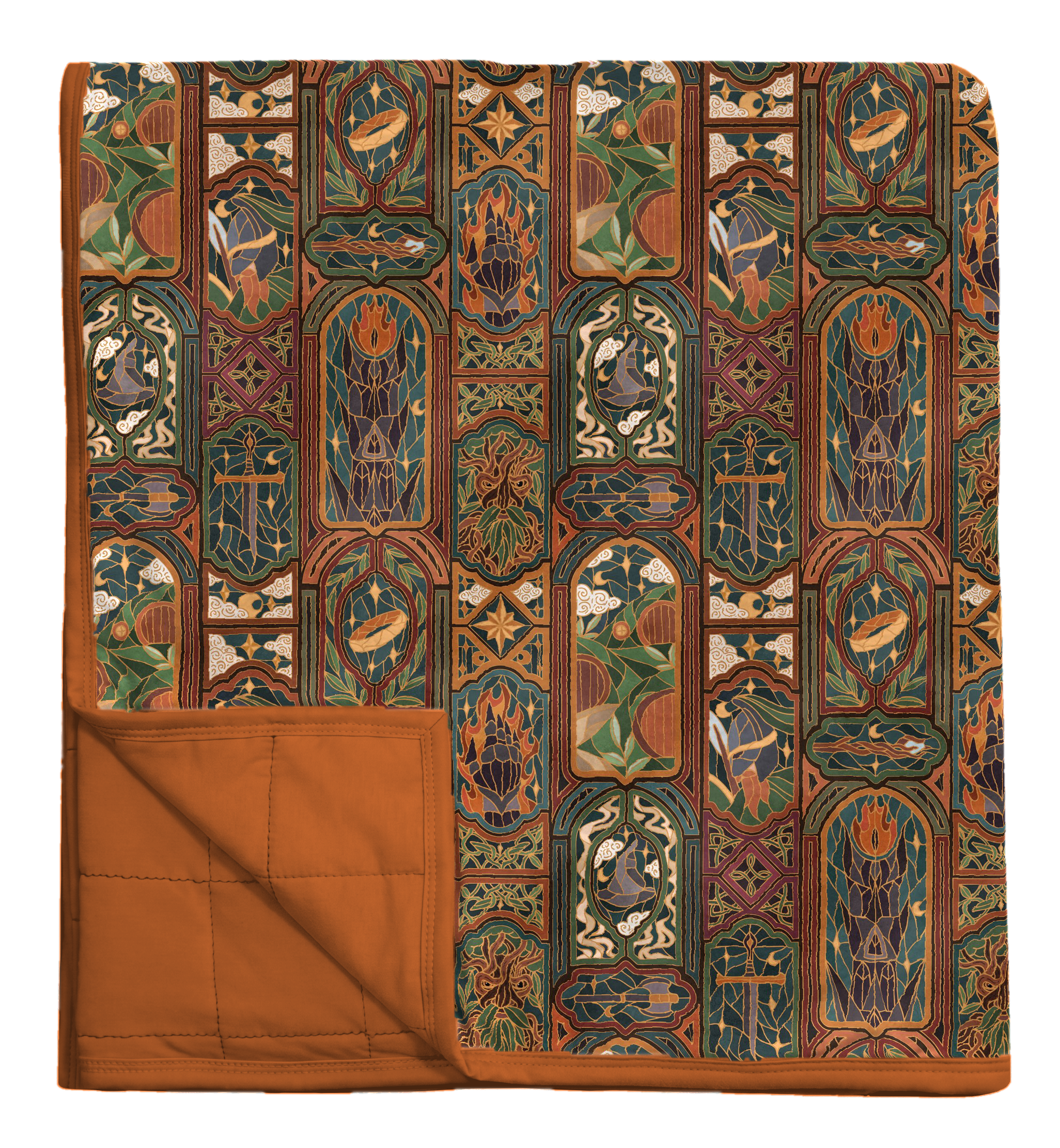 The Lord of the Rings™ Stained Glass Quilted Oversized Blanket folded, panels of the Ring, flames and swords, copper backing